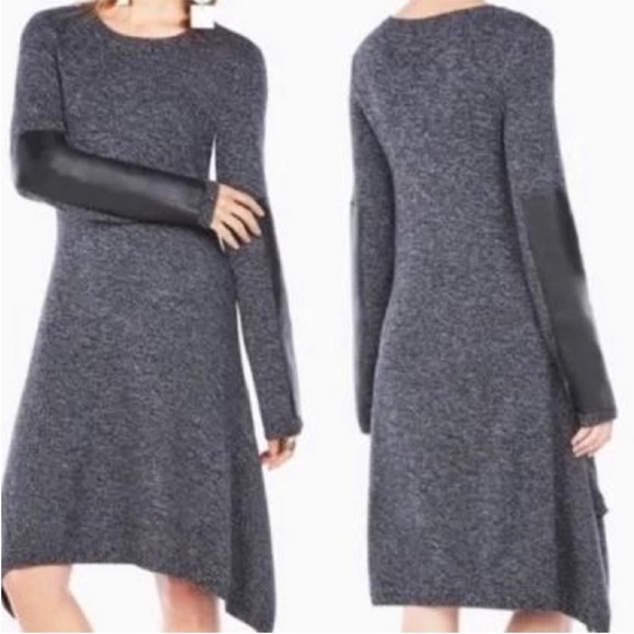 BCBG MAXAZRIA "Dahnya" B/W Knit Asymmetric Hem Faux Leather SLV Sweater Dress S - Picture 3 of 15